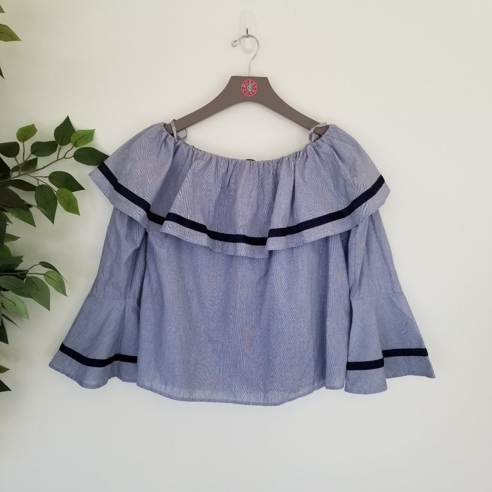 Doe & Rae Blue Babydoll Bell Sleeve Ruffle Crop To